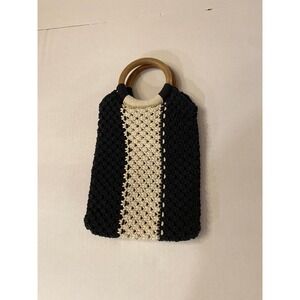 LAUDE the Label Black Cream Mini Macrame Cotton Bag with Wooden Ring Handles